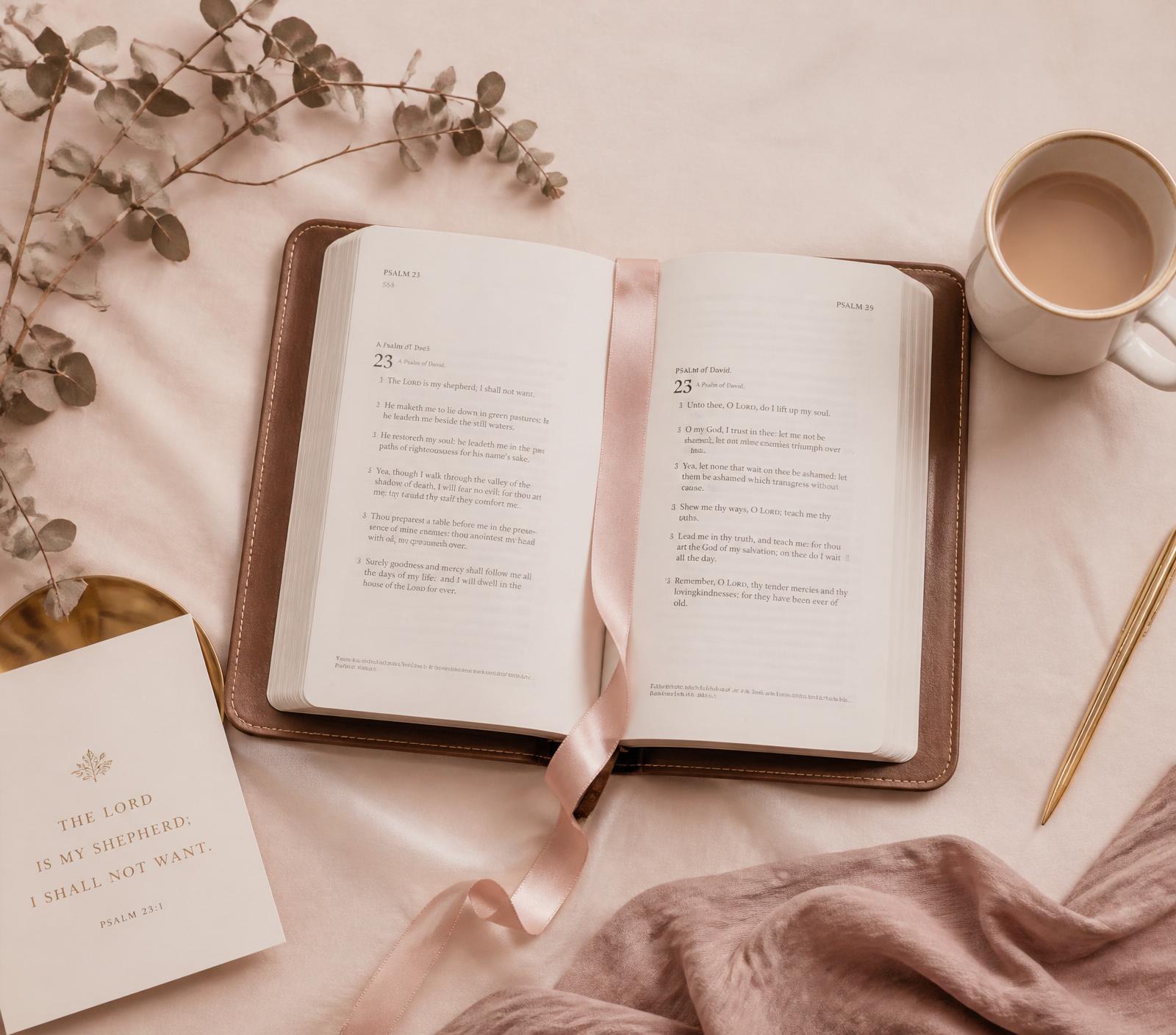 Open Bible with soft ribbon bookmark on linen